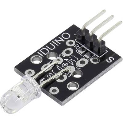 A small, black LED module with three metal pins for power supply and a transparent LED on a square circuit board.