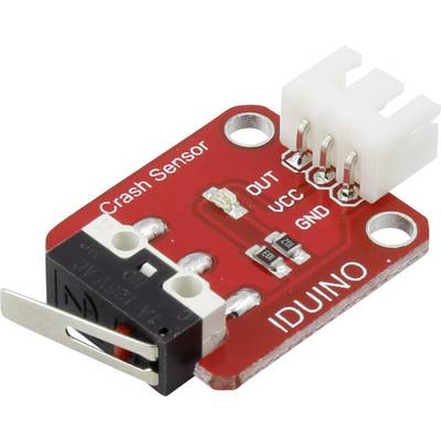 A red crash sensor module with three connections: OUT, VCC and GND, labelled with 'IDUINO'.