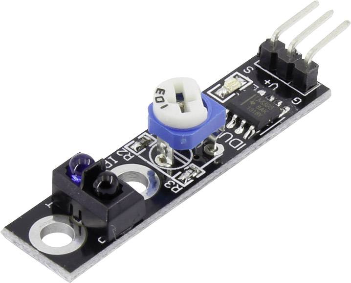 Infrared obstacle avoidance sensor with blue potentiometer control; used electronic component for robotics projects.