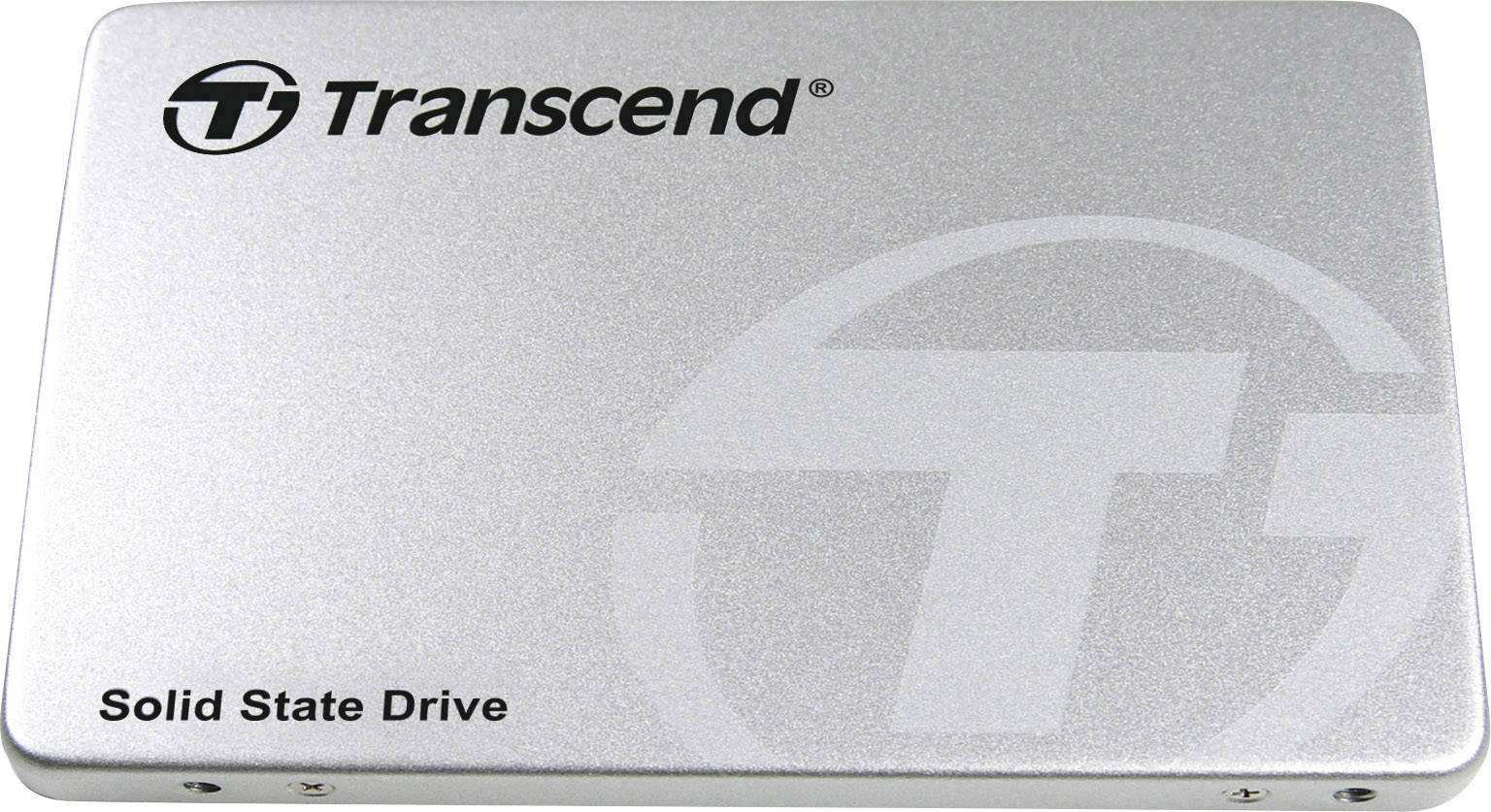 External SSD hard drive by Transcend with a silver casing and the inscription 'Solid State Drive'.