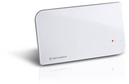 A flat, white device with rounded edges and a small red LED indicator in the bottom right corner.