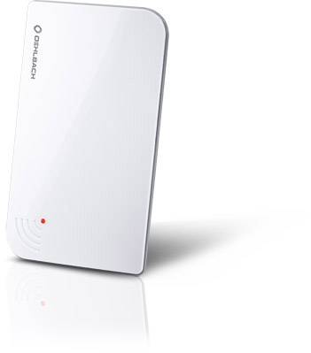 A white, rectangular wireless room thermostat from Oventrop stands upright, with a red indicator light.