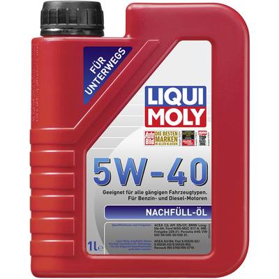 'Bottle of Liqui Moly motor oil, 5W-40, suitable for petrol and diesel engines, 1 litre.'