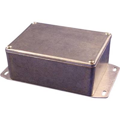 Metallic enclosure with a rectangular shape, rounded edges and mounting tabs at the corners for installation purposes.