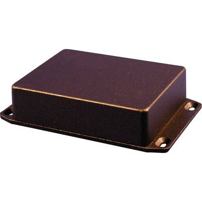 A rectangular, flat, dark brown enclosure with four mounting holes at the corners, possibly a protective cover.