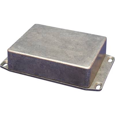 Metal box with a rectangular shape and four fixing holes at the corners, lying on a flat surface.