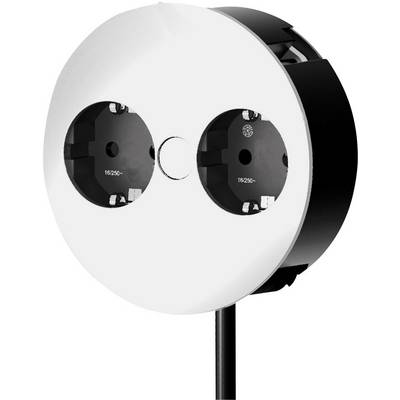 White round socket with two plug points and a black border, attached to a cable.