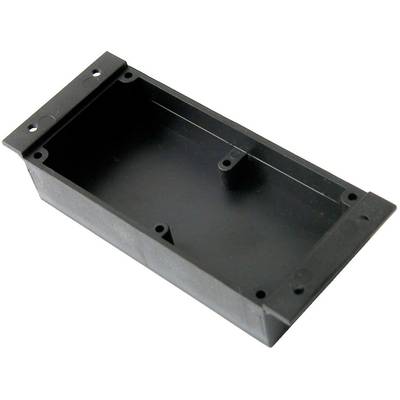 Black rectangular enclosure without a cover with screw holes, suitable for electronic components, top view.