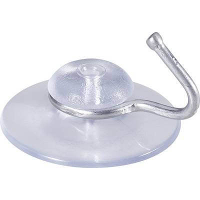 A transparent suction cup with a metal hook, suitable for hanging light items on smooth surfaces.
