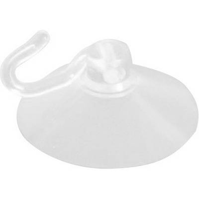 Clear suction cup with hook on a white background, used for hanging light items on smooth surfaces.