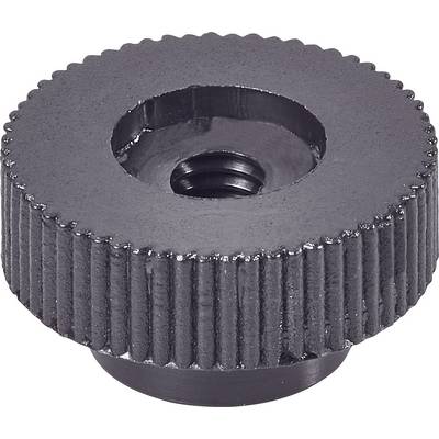 Metallic knurled wheel with a circular, ridged surface and a central threaded hole, suitable for adjustments and fastenings.