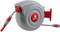 Grey-red automatic hose reel with 15-metre garden water hose, wall mount, and spray nozzle.