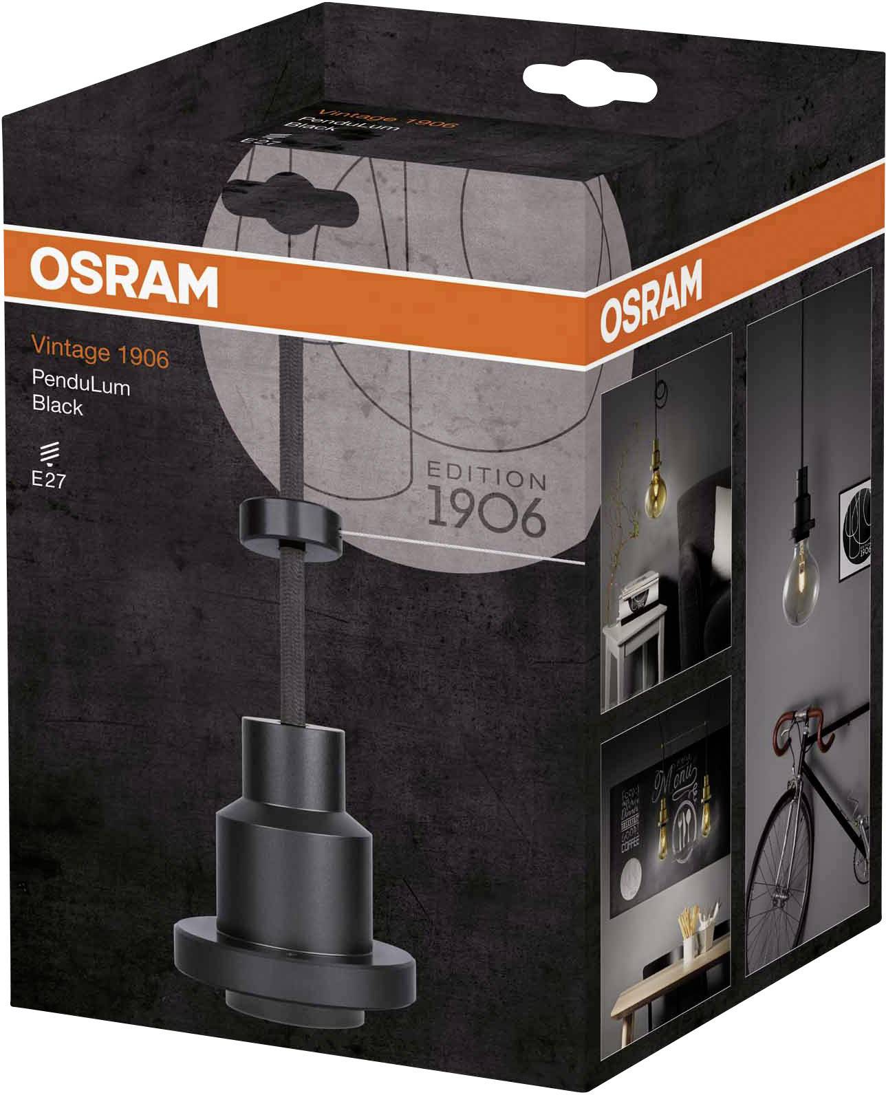 Packaging for an Osram Pendant Light, Vintage 1906 Edition in Black. Contains illustrations of the lamp and room examples. E27 fitting.