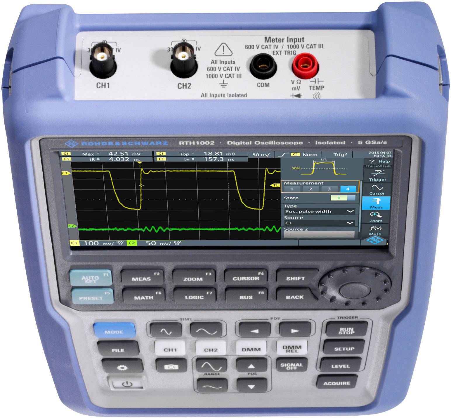 A portable digital oscilloscope displays two yellow waveforms with measurement data on the screen. Brand name: Rohde & Schwarz.