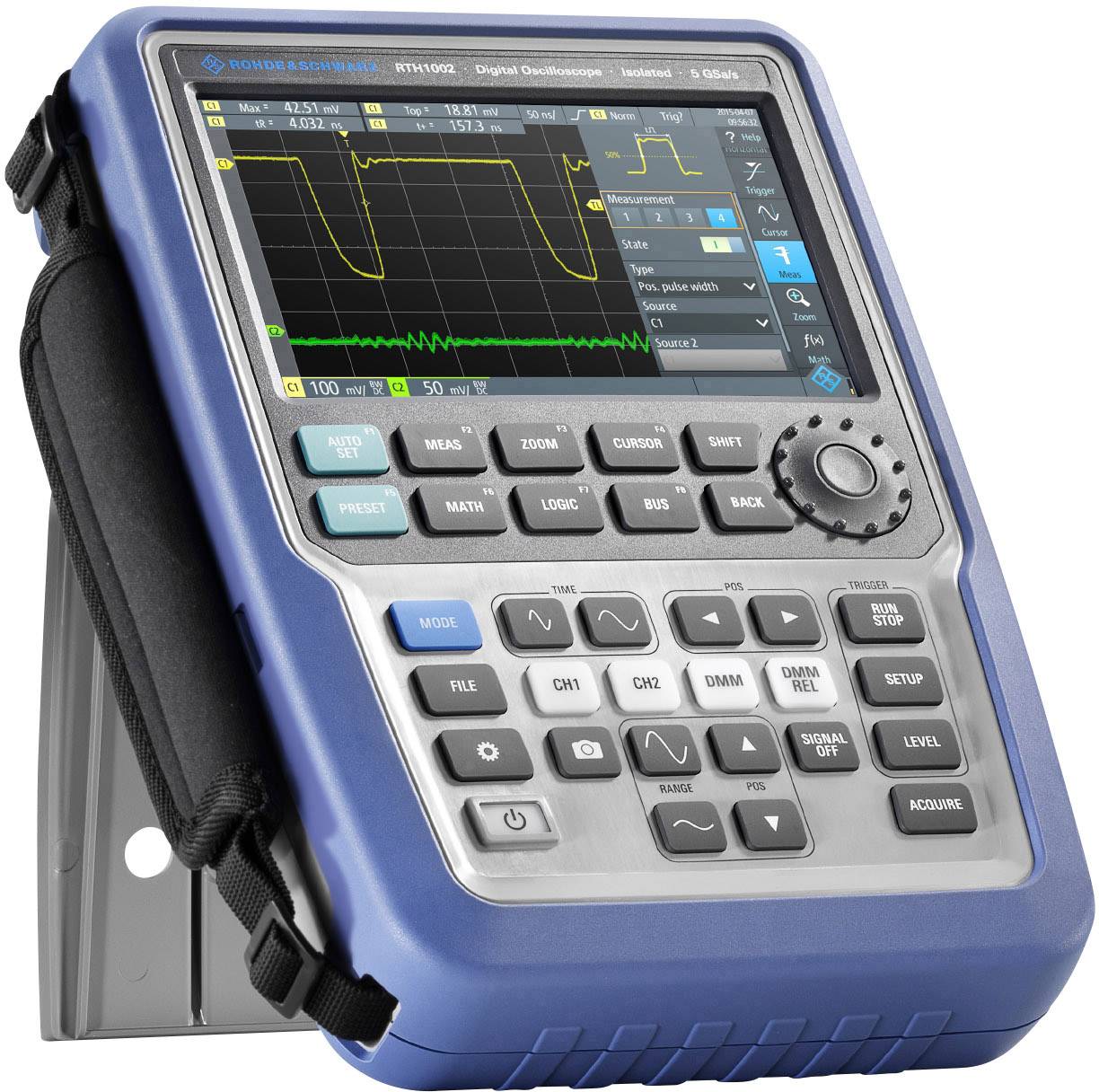 A portable digital oscilloscope with a blue casing displays a wave-like graph on the screen and features control buttons.
