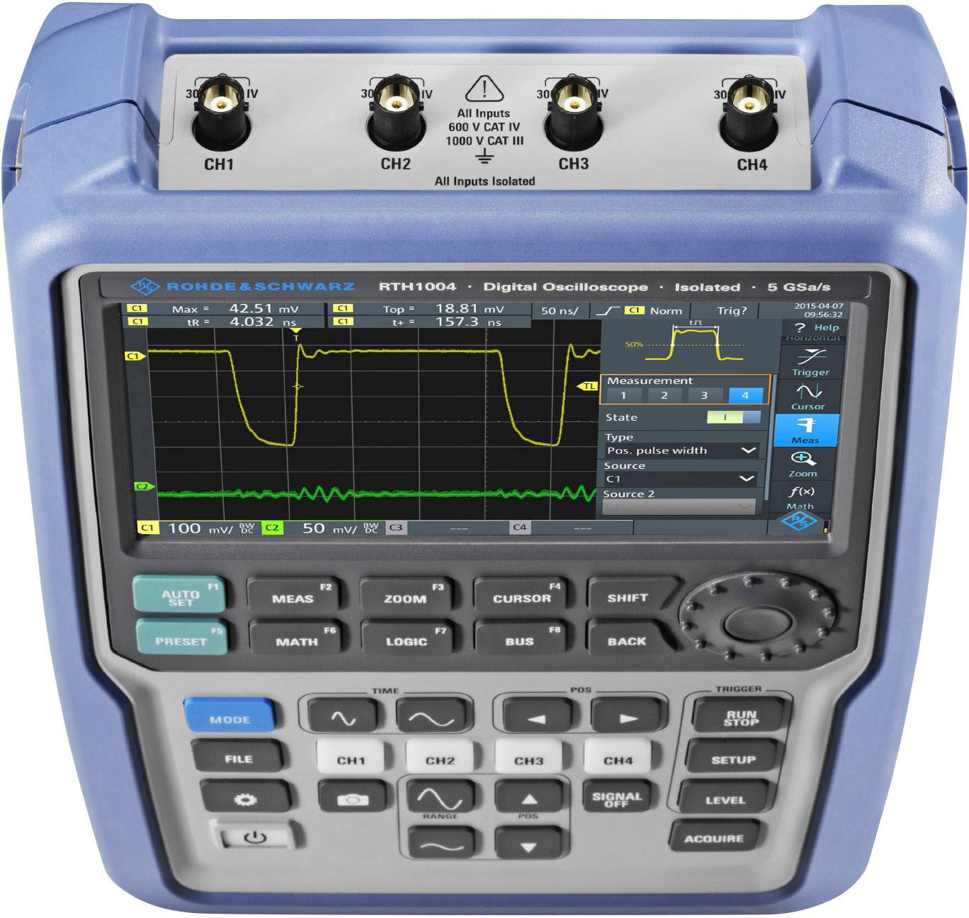 Portable digital oscilloscope with graphical display. Shows voltage measurement and waveform. Control buttons for various functions.