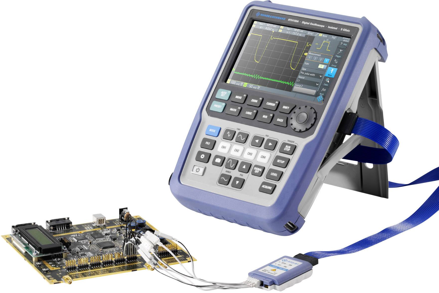 Handheld oscilloscope measures electrical signals. It displays waveforms on a screen, connected to an electronic circuit.