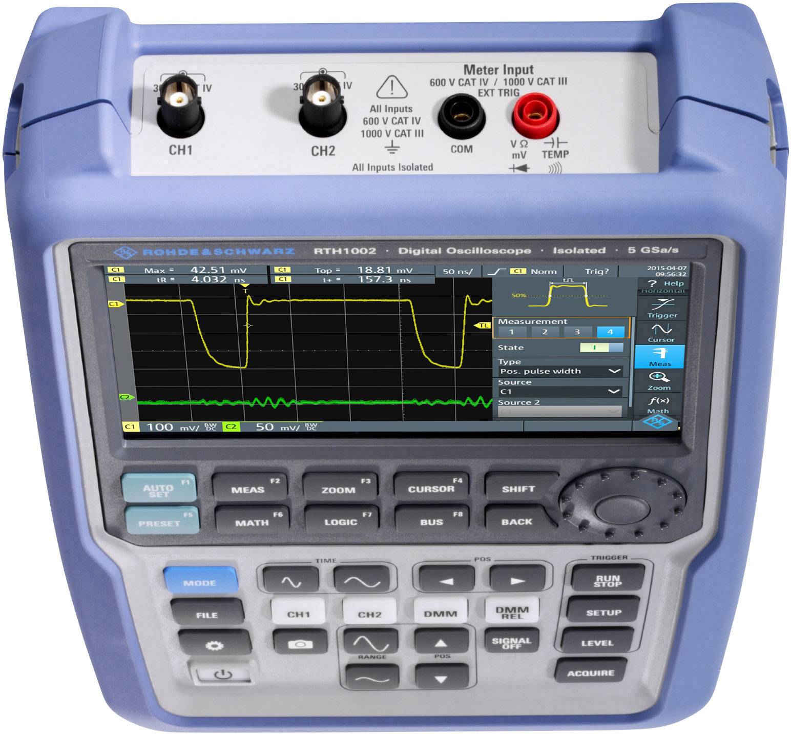 A portable digital oscilloscope with multiple controls and a screen displaying real-time waveform measurement.