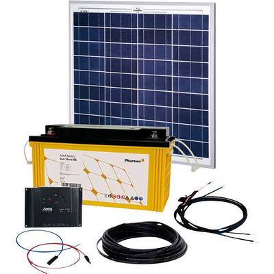Solar panel kit with solar panel, yellow AGM battery, charge controller and connecting cables. Suitable for autonomous energy generation systems.