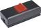 Black magnet with red handle in the centre, rectangular shape.