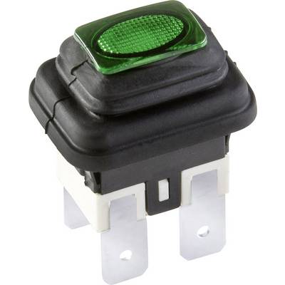 A green, rectangular push button with a black casing and two metal contacts, suitable for electronic applications.