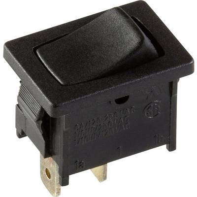 A black toggle switch with two metal contacts and technical specifications engraved on the front.