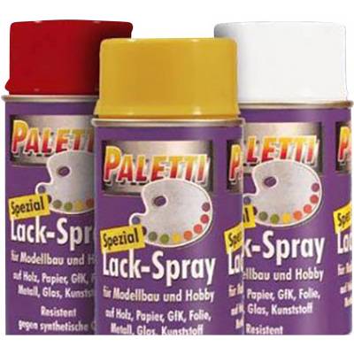 Three spray cans in red, yellow, and white colours by the brand 'Paletti', labelled as 'Special Lacquer Spray' for model-making and hobby use.