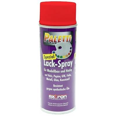 Spray can with a red lid, featuring a logo with the inscription 'Paletti' and 'Special Lacquer Spray for Model Making and Hobby'
