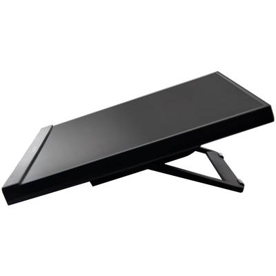 Black metal laptop stand, set at an adjustable angle, provides stable support for ergonomic desk work.