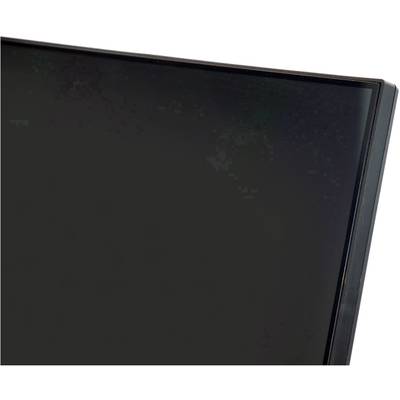 Close-up of a black monitor corner with a slim bezel, dark background.
