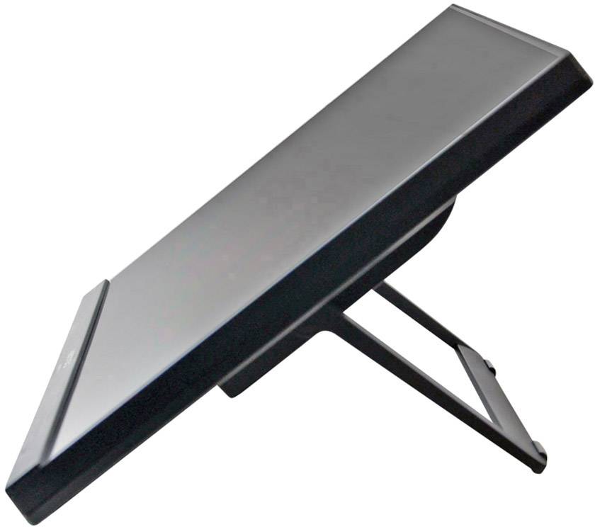 A quirky, glossy black stand or table, possibly for technical or artistic equipment, mounted on a metal frame.