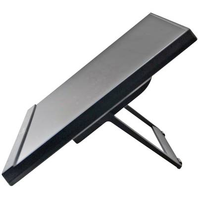 A quirky, glossy black stand or table, possibly for technical or artistic equipment, mounted on a metal frame.