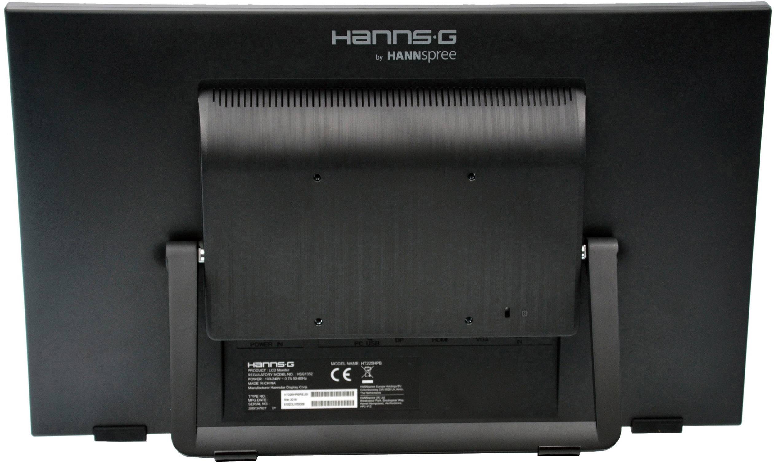 Rear view of a black Hannspree computer monitor with a stand.