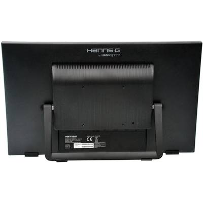 Rear view of a black Hannspree computer monitor with a stand.
