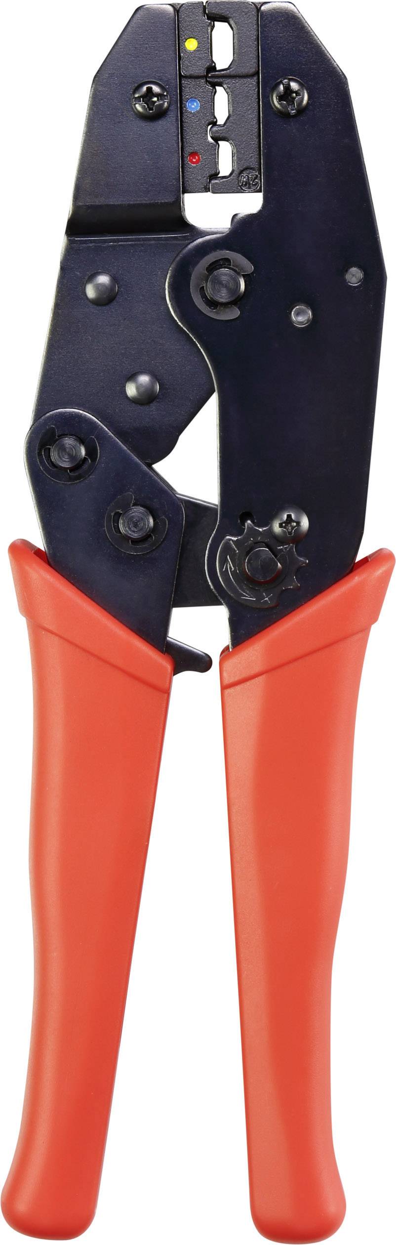 A red hand pliers with a black head, often used for crimping and wire work, demonstrates its function during cable processing.