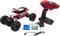 Remote-controlled toy car with large tyres, red chassis, and control unit. Includes batteries and charger.