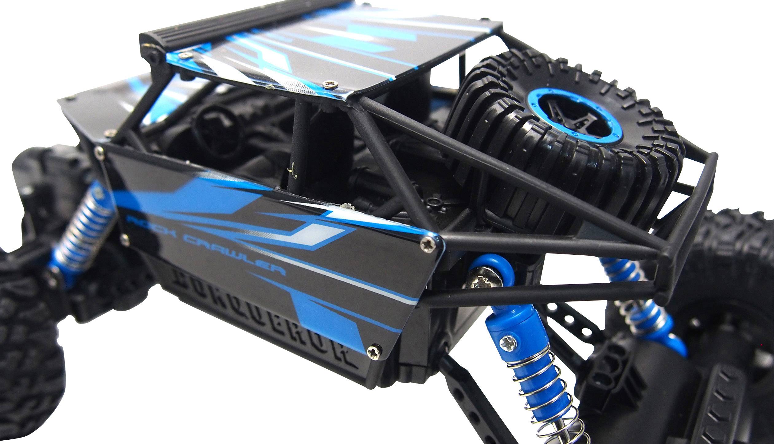 The image depicts a remote-controlled car in an off-road style, featuring blue and black paintwork, chunky tyres, and suspension springs.