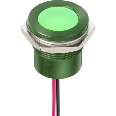Green LED indicator light with a round metal housing and two power supply cables at the bottom.