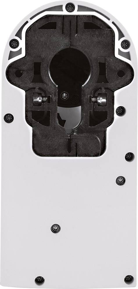 Back of a mounting bracket with multiple screws and mounting points, suitable for device installation.