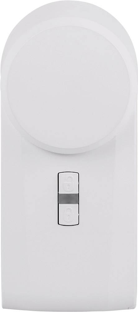 A white door handle with a round knob and two buttons can be seen.