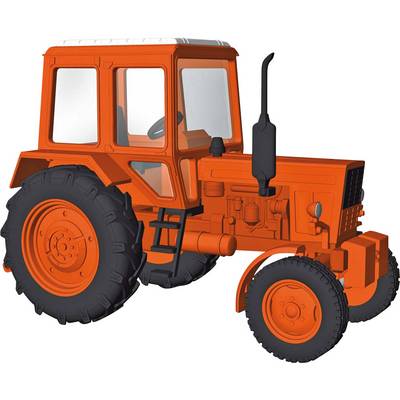 An orange tractor with large tyres and a cab, side view.