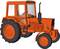An orange tractor with large tyres and a cab, side view.