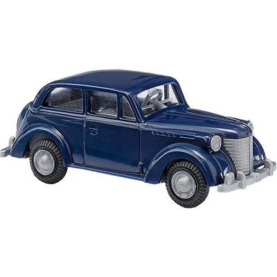 A dark blue toy car representing a classic four-door vintage car with detailed features such as headlamps and wheels.
