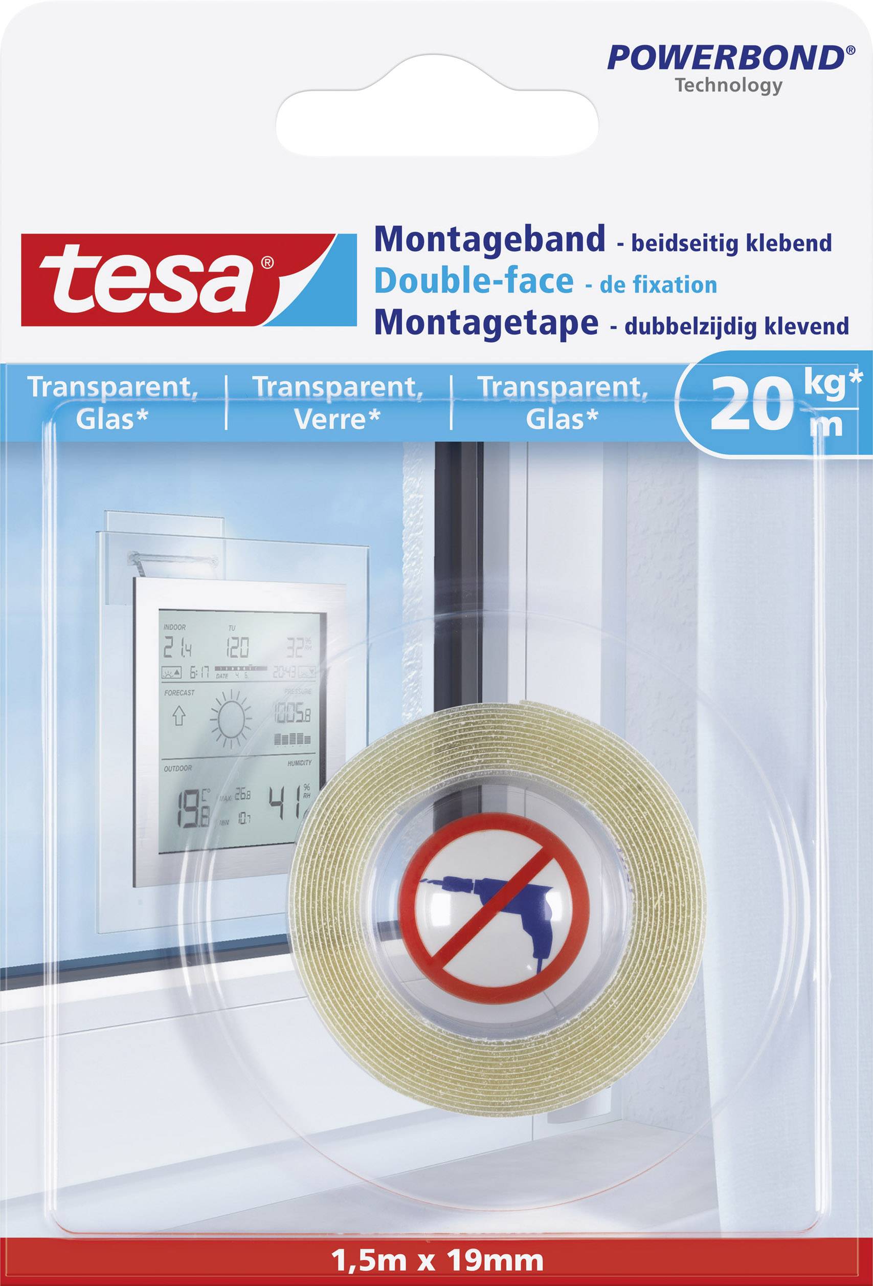 tesa GLASS 77740-00000-00 Industrial tape tesa® Powerbond Transparent (L x W) 1.5 m x 19 mm 1 pc(s)