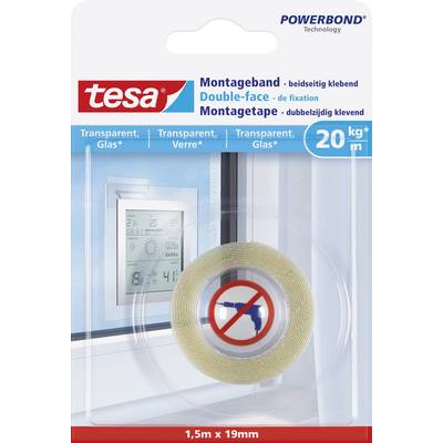 'Packaging for Tesa Powerbond, double-sided transparent adhesive tape for glass, 20 kg load-bearing capacity, 1.5 m x 19 mm, positioned in front of a window.'