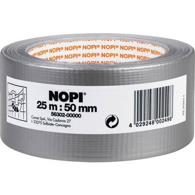 Grey fabric tape from 'NOPI' measuring 25 m x 50 mm, on a roll. Black sticker with barcode and manufacturer information.