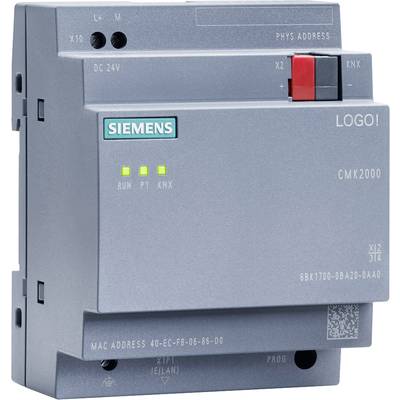 Grey electronic device with Siemens logo, displaying LEDs with "RUN P1 KNX", labelled with physical address and MAC address.