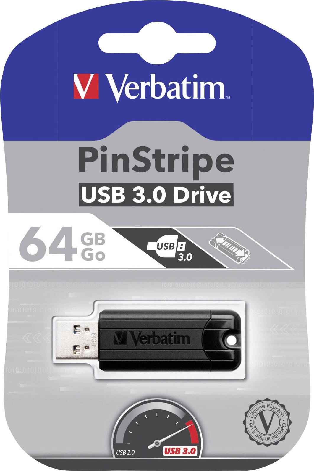 Packaging for a Verbatim PinStripe USB 3.0 Drive, 64 GB capacity. Displays the USB drive and uses graphics to emphasise speed.