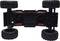 Remote-controlled car lying on its back, revealing large off-road tyres and suspension. Black chassis with red accents.