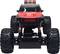 A black and red remote-controlled monster truck toy with large wheels and shock absorbers, photographed head-on.